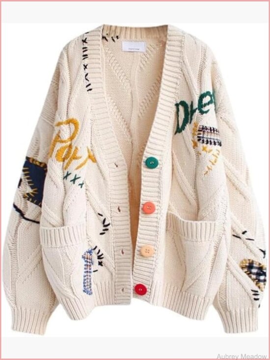 Sweaters - Embroidered Heart Cardigan Sweater Button Down Knitted Y2K with Pockets